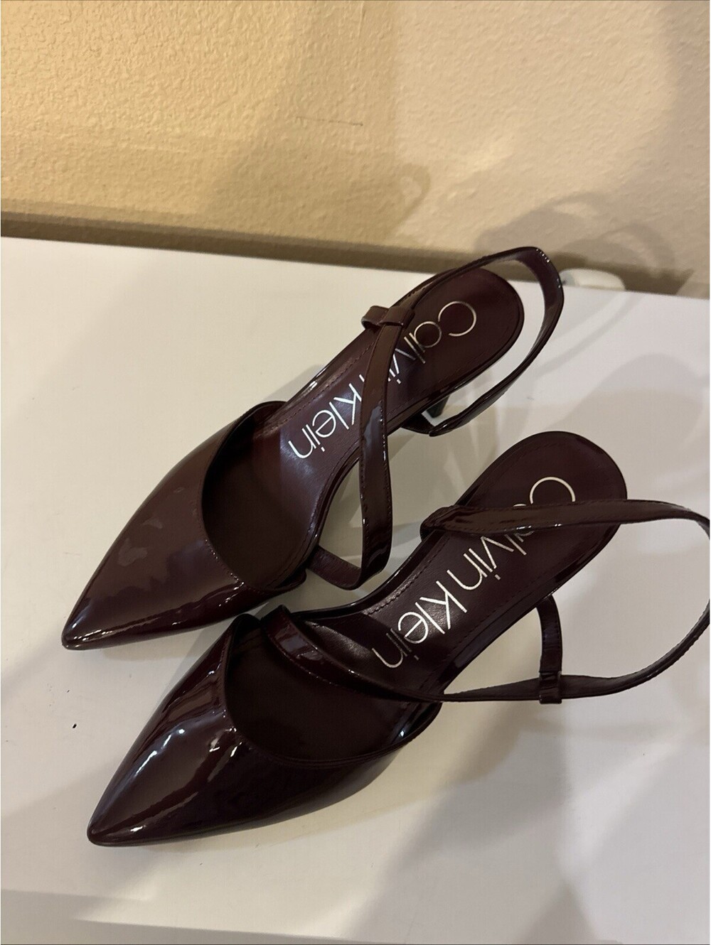 Calvin Klein Burgundy Patent Leather Pointed Toe Slingback Stiletto Heels 10